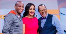 RMS editorial director Linus Kaikai (far left) pose for a photo with Victoria Rubadiri (centre) and Jeff Koinange (far right).